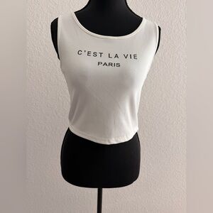 White Graphic Cropped Tank Top | French Aesthetic Y2K Crop Tee